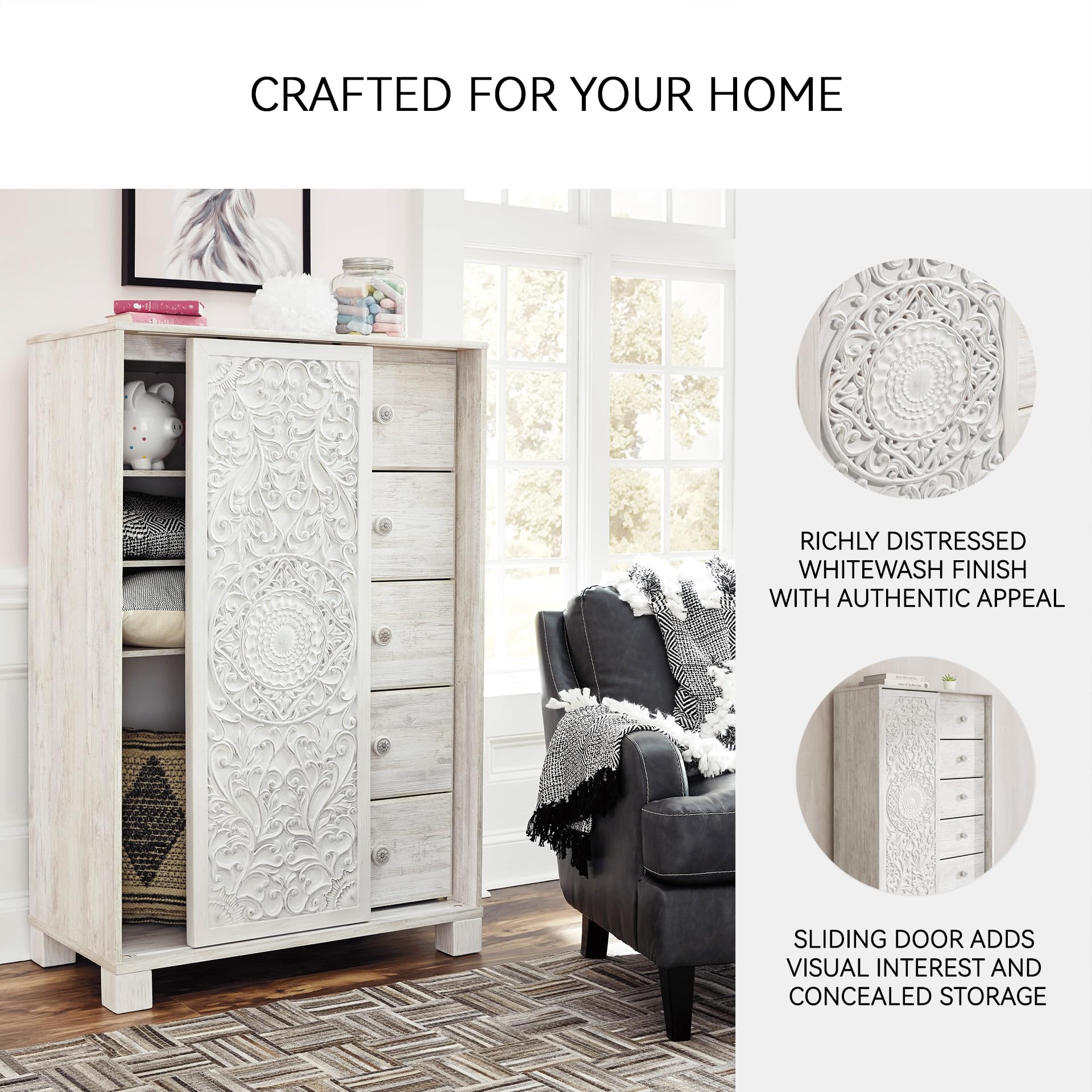 Signature Design by Ashley Paxberry Boho 5 Drawer Dressing Chest with Slider Door & 3 Adjustable Shelves, Whitewash