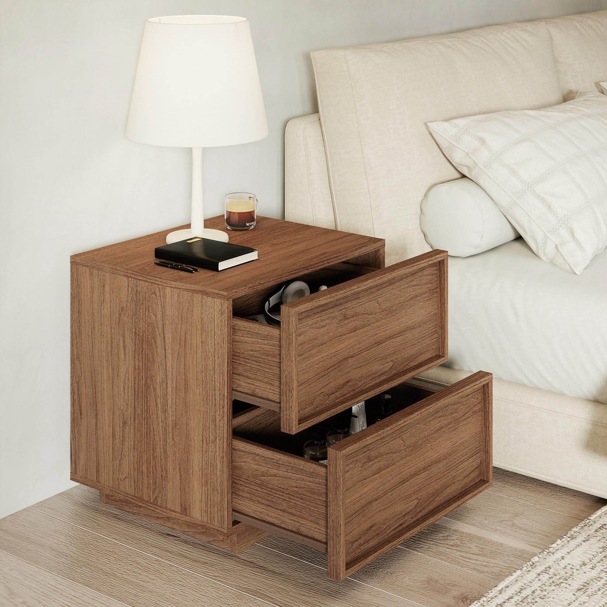RYWI11OUSE Small Night Stand Set of 2 with 2 Drawers,Modern NightStand with Storage, Bedside Table for Bedroom, Walnut