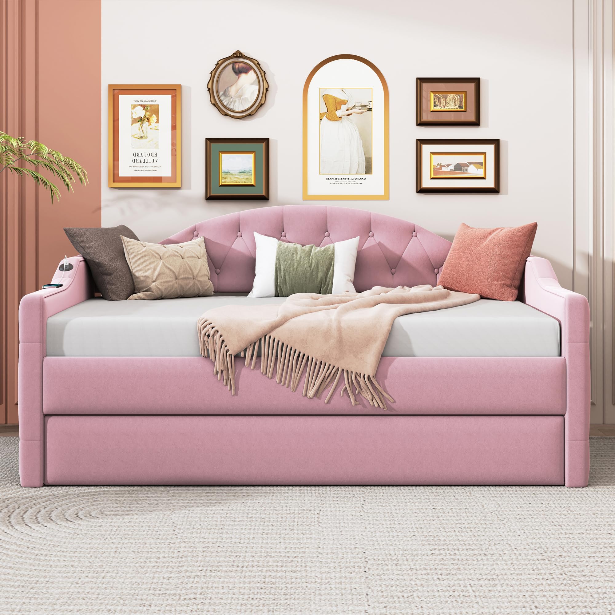 Velvet Tufted Daybed with Trundle & USB Charging