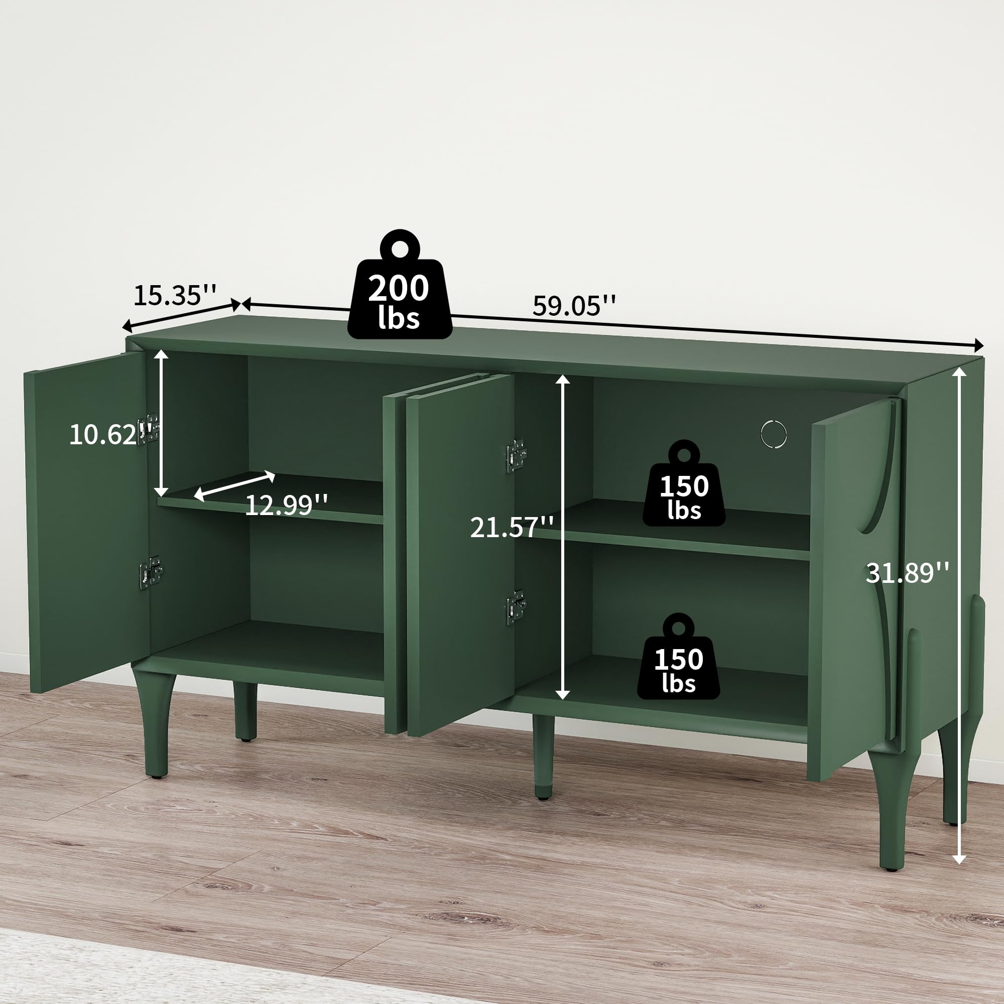 SZTHHDF 59" Sideboard Buffet Cabinet with Storage, Mid-Century Modern Storage Cabinet Accent Buffet Sideboard with Adjustable Shelves & Solid Wood Legs Large Credenza for Living Room (Green)