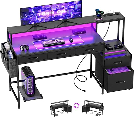 61-Inch Gaming & Computer Desk with Charging Station, LED Lights & Storage