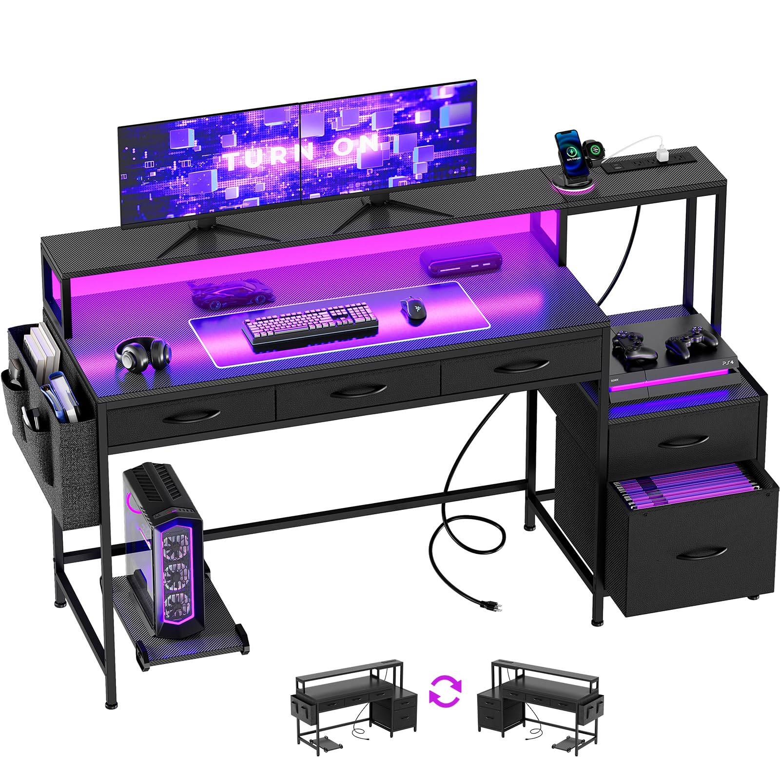 61" Gaming & Computer Desk with LED Lights, Charging Station & Monitor Stand