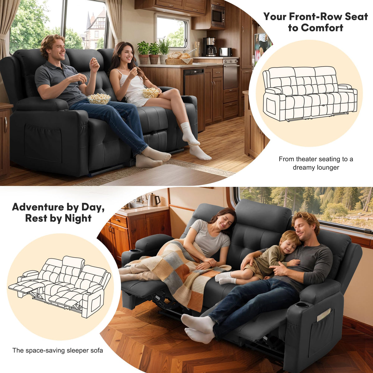 Korser 3-Seater Loveseat Recliner Sofa, Manual Recliner Chair with Flip Back Console, Cup Holder & USB, Home Theater Seating for Family Party, PU Leather, Black