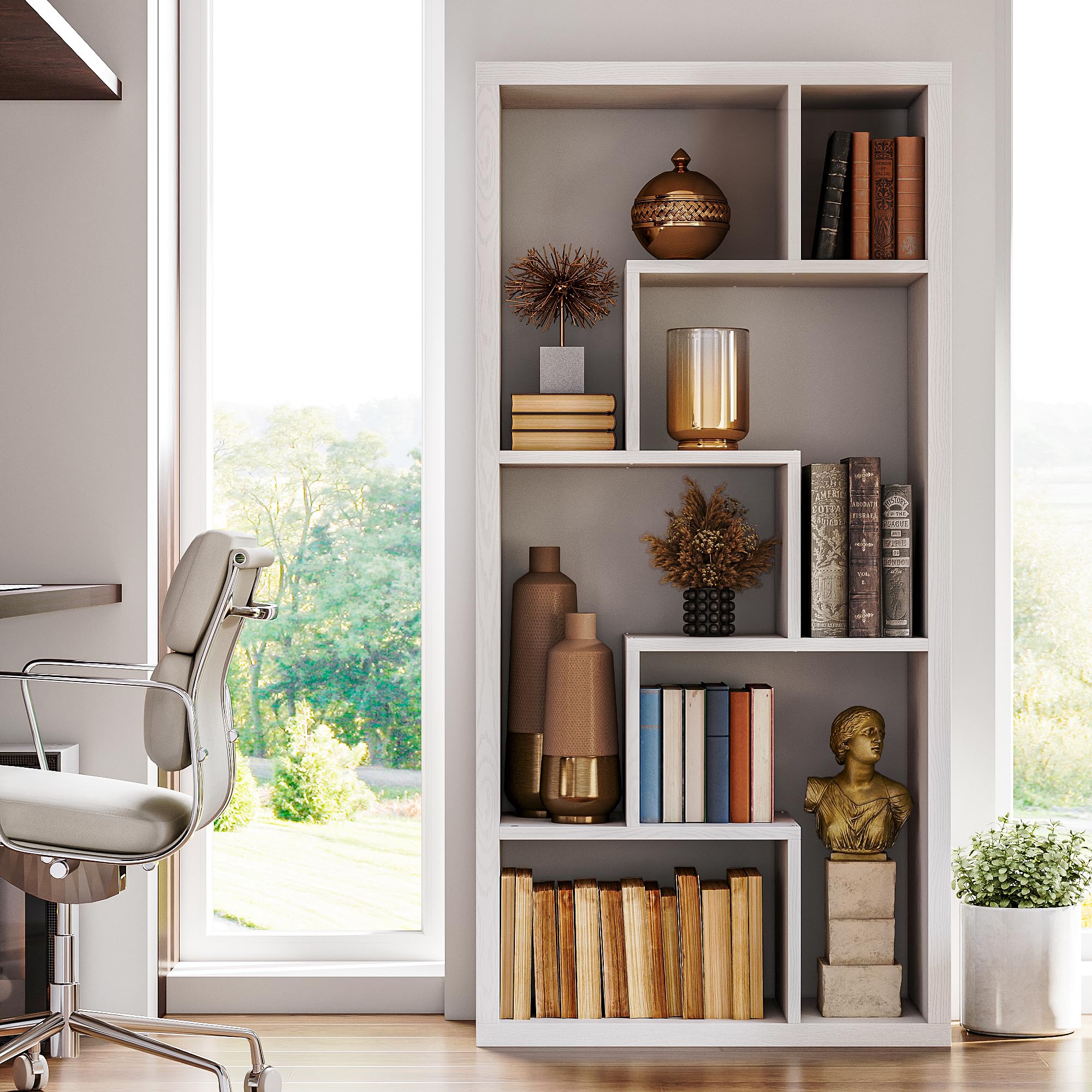 Geometric Bookcase 6-Shelf Industrial White