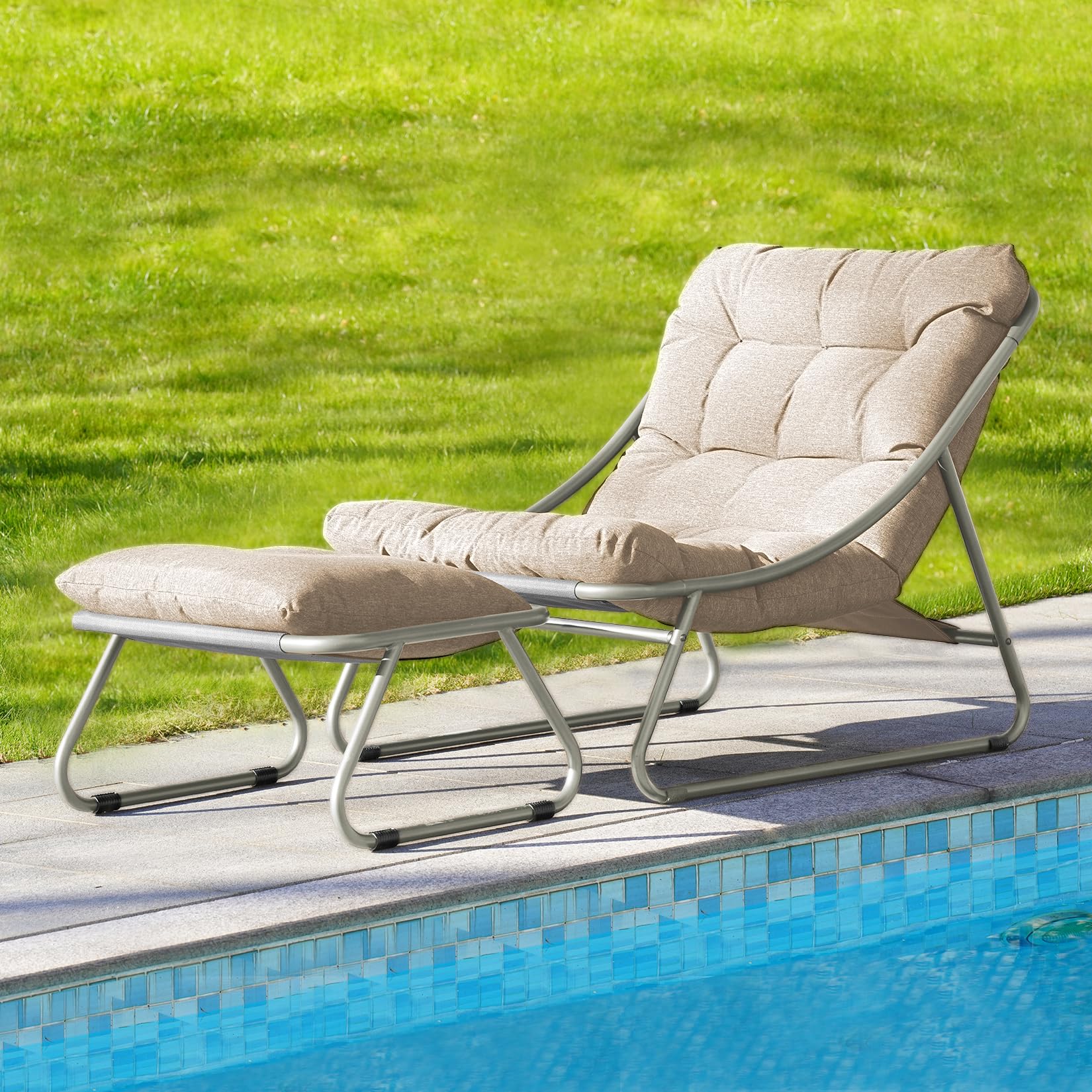 Outdoor Sling Recliner Lounge Chair with Ottoman & Cushion