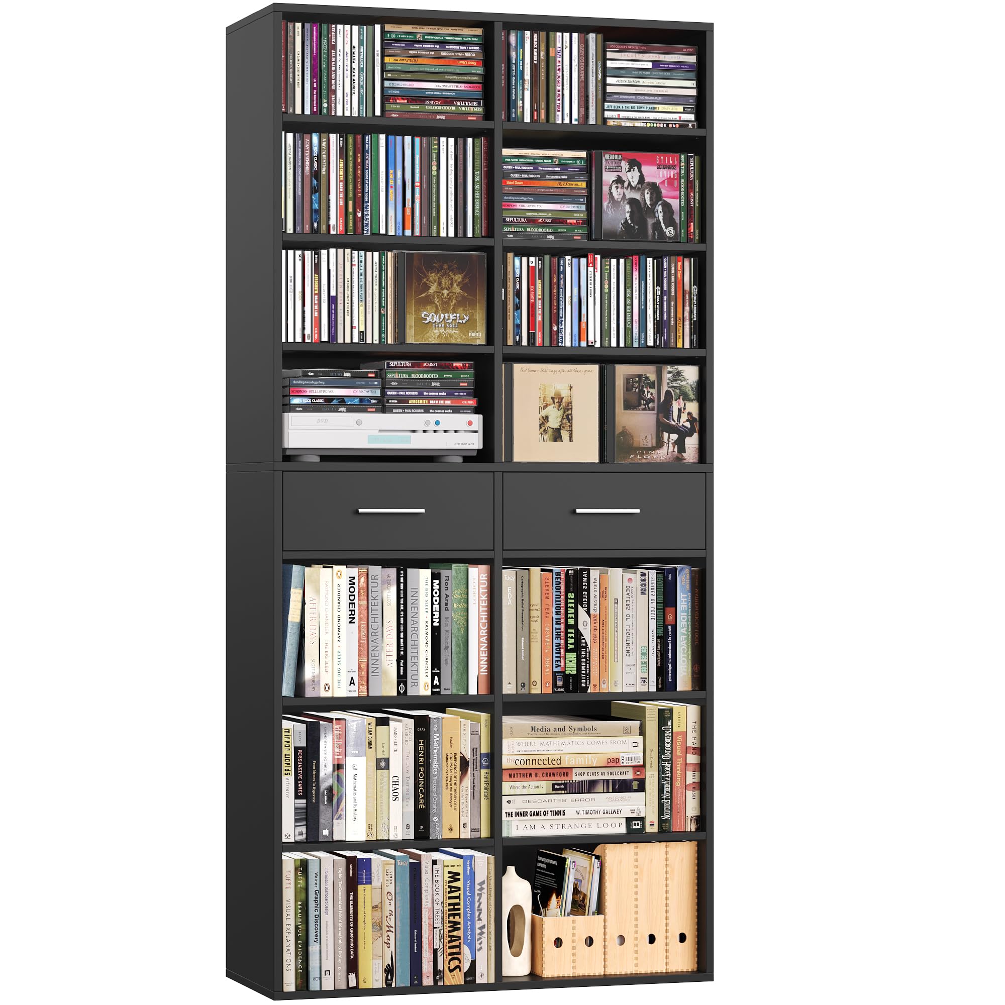 HOSTACK 73" Tall Bookshelf with Drawers, 7-Tier Black Bookshelf with Storage, Double Wide Bookcase with 14 Open Book Shelves, Wood Book Case with Adjustable Shelves for Media CD DVD Storage, Black