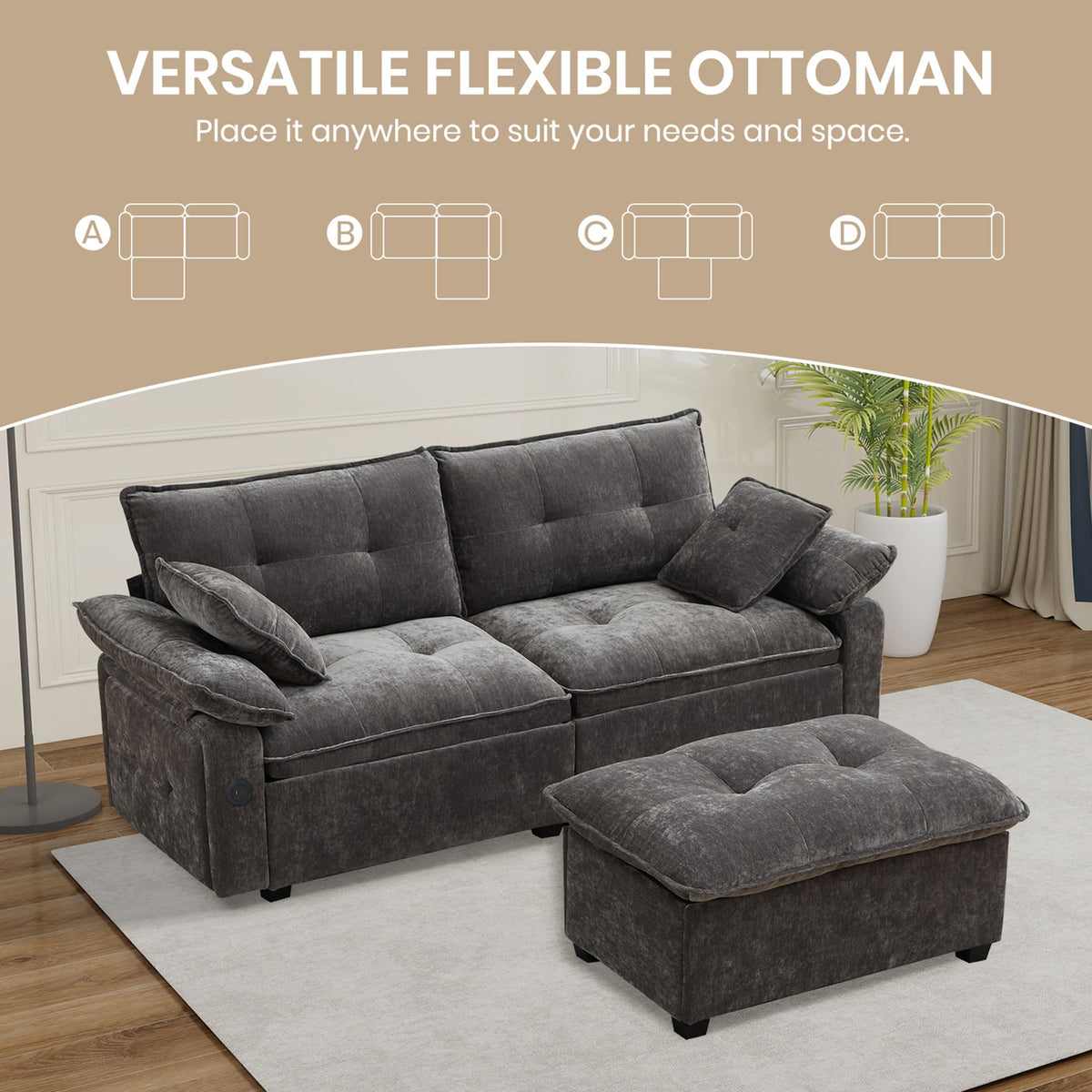 Consofa 89'' L Shaped Modern Sofa Modular Sectional Cloud Couch with Ottoman, Comfy Chenille Deep Seat Sofa with Throw Pillows/USB, 2 Seater Couch for Living Room for Living Room, Office and Apartment
