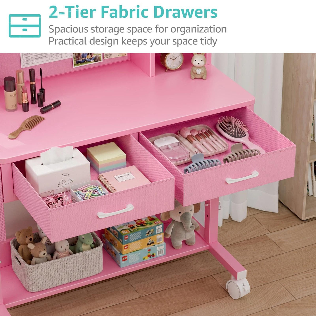 Pink Kids Desk with Hutch, 32" Height Adjustable Mobile Rolling Girls Desk