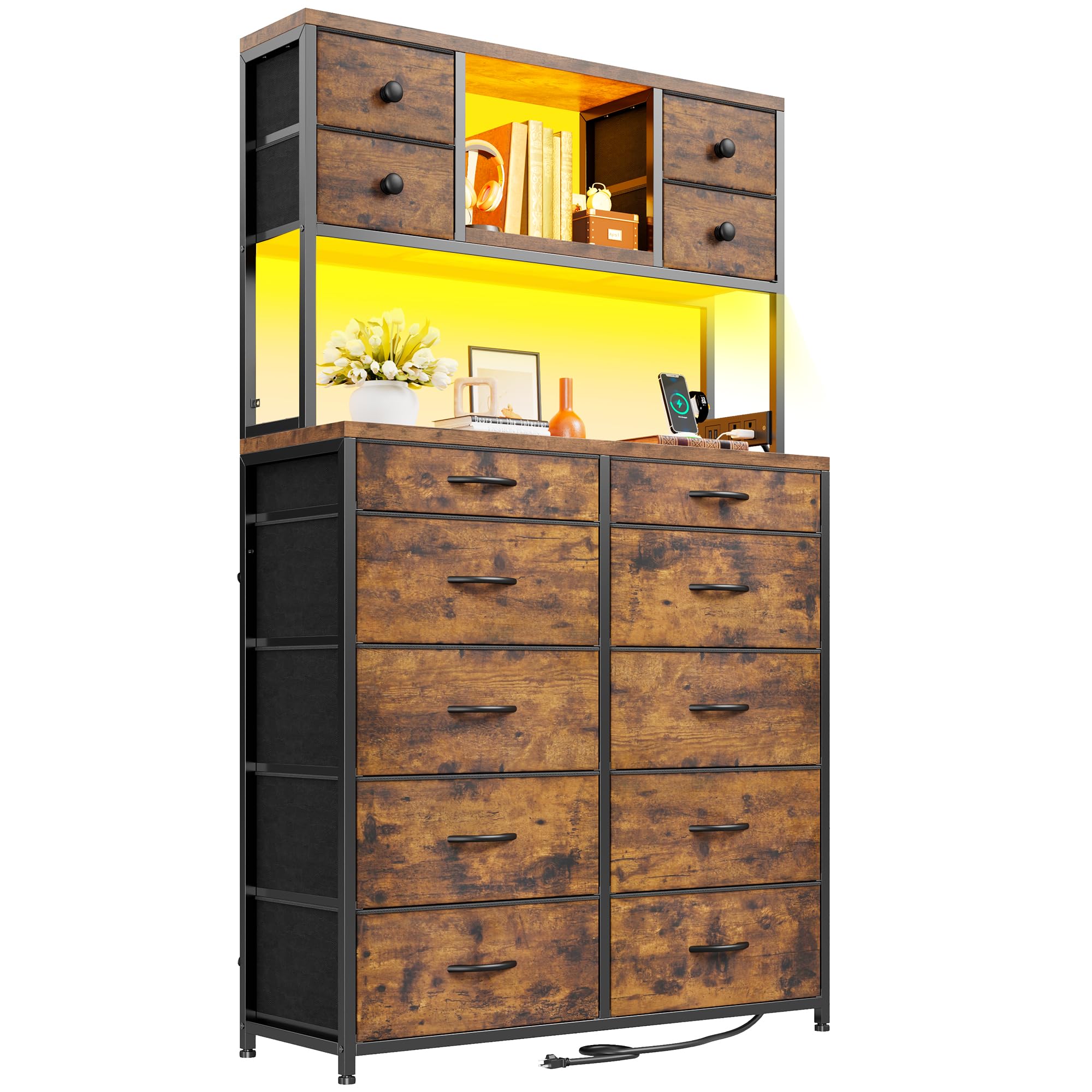 62“H Dresser for Bedroom with Large Drawers,Dressers & Chests of Drawers Featuring LED Light and Charging Ports,Sturdy Fabric Drawers with Open Storage Shelves, Wood Top,Steel Frame(Rustic Brown)