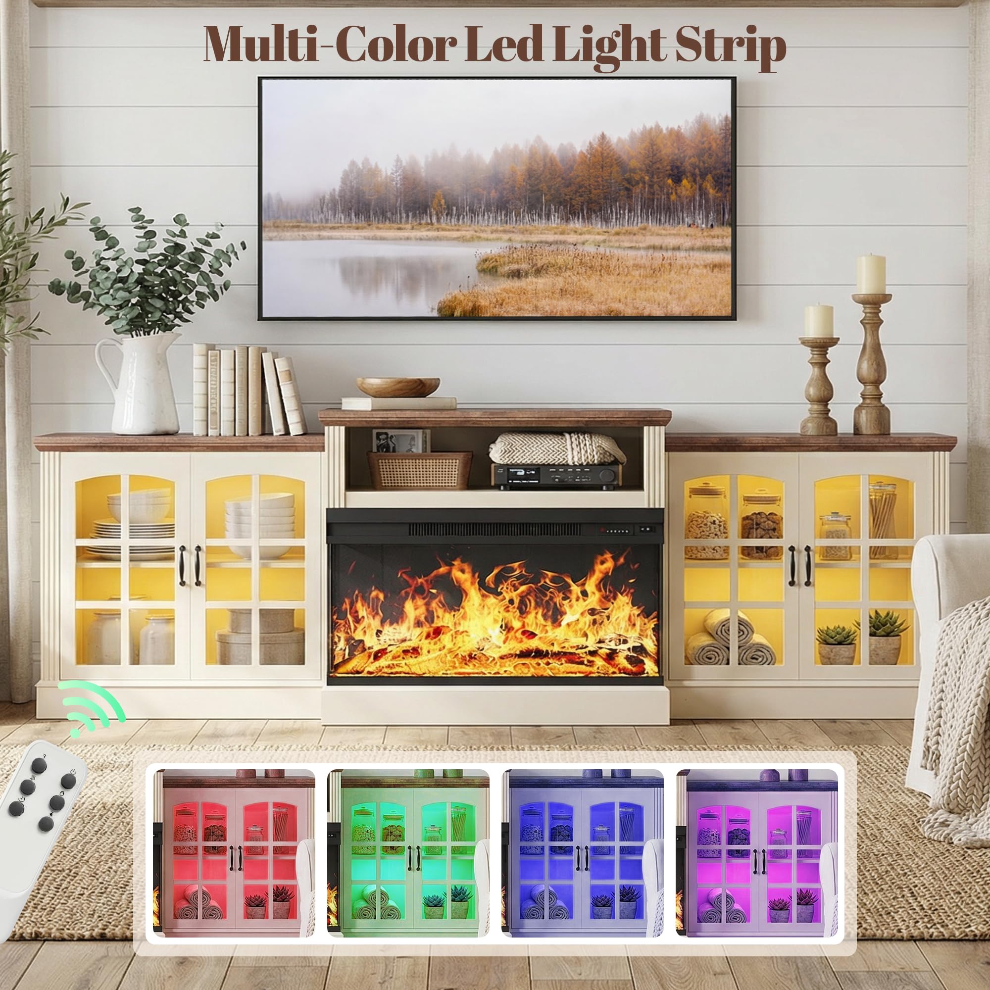 97" Farmhouse Fireplace TV Stand with 36" 3-Sided Electric Fireplace