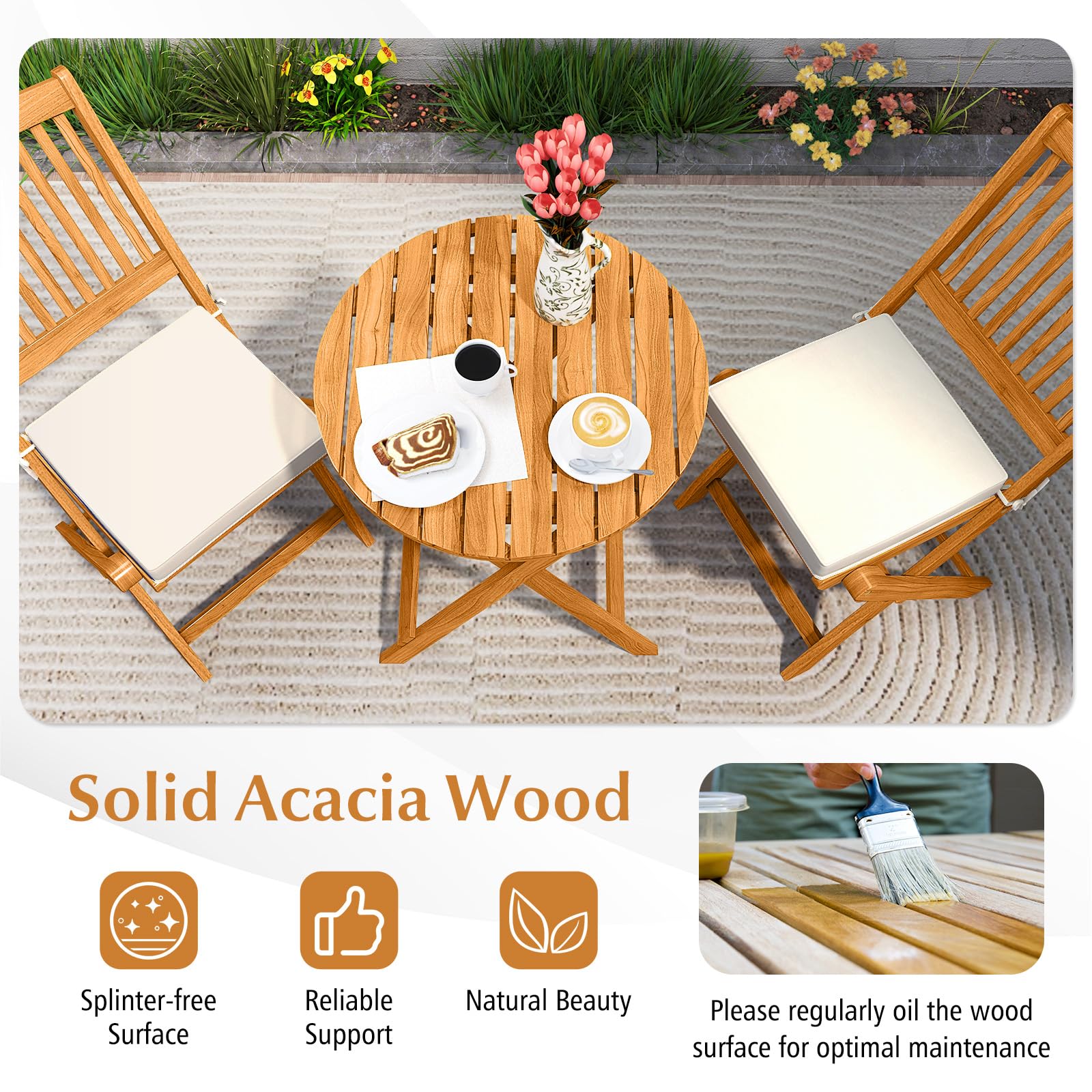 3-Piece Acacia Wood Folding Patio Bistro Set with Cushions