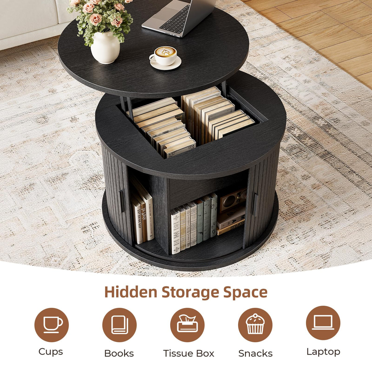 Hizyrina Round Lift Top Coffee Table, 23.6" Fluted Drum Coffee Table with Large Hidden Storage for Living Room, Center Table with Sliding Rolling Door for Small Spaces, Apartment, Home Office, Black