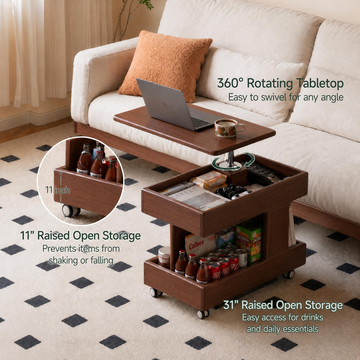 Small Lift Top Coffee Table with Wheels, Solid Wood Table with Storage