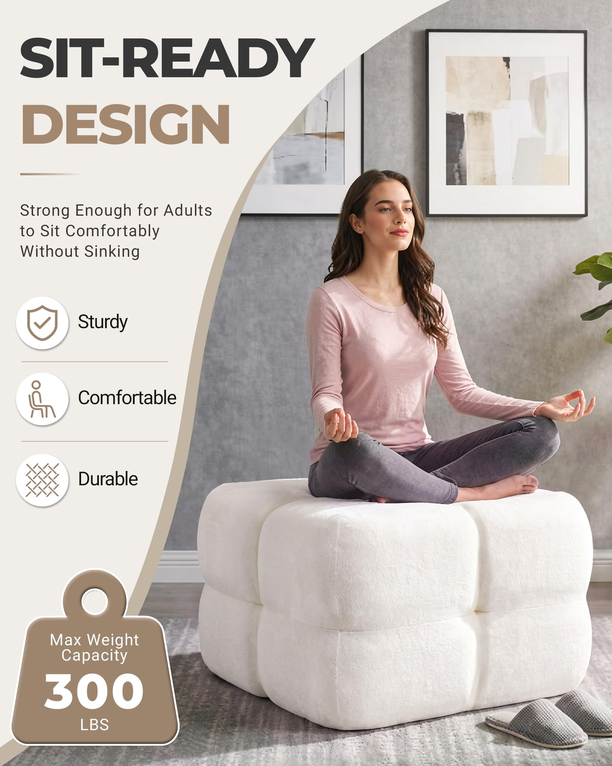 Beige Chenille Pouf Ottoman