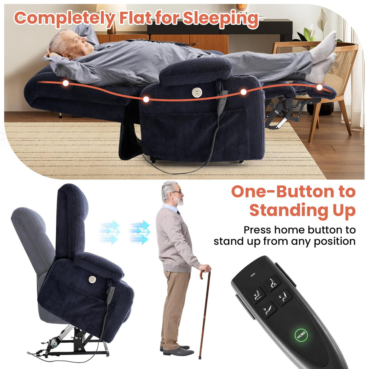 Dual Motor Power Lift Recliner Chair for Elderly, Lay Flat Lift Chair