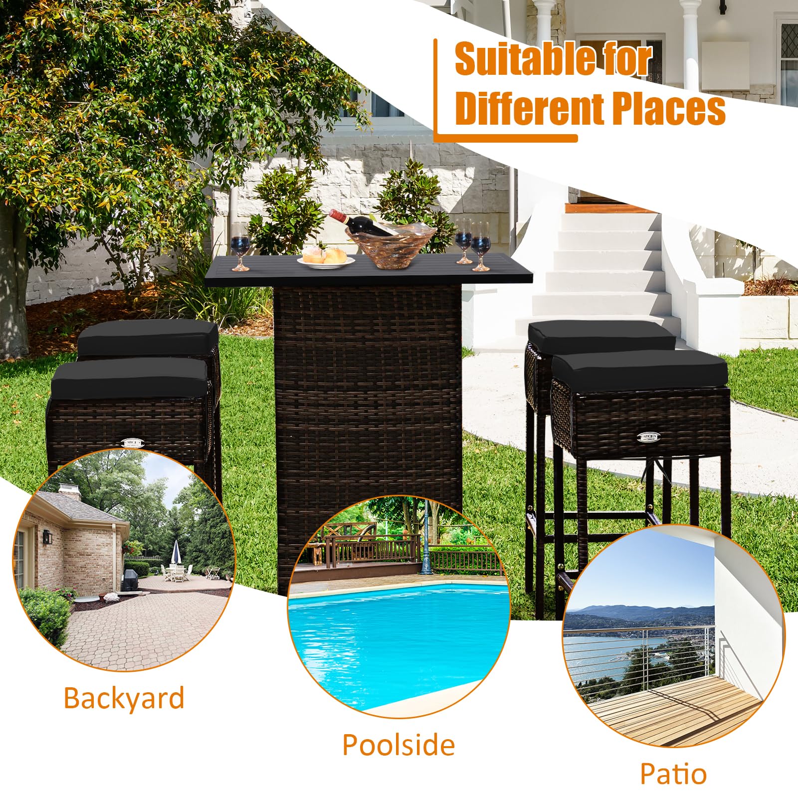 RELAX4LIFE 5-Piece Outdoor Bar Set, Wicker Rattan Bar Height Patio Set w/4 Cushion Bar Stools & Table with Hidden Storage, 5PCS Outdoor High Top Table and Chairs Set for Backyard Poolside (Black)