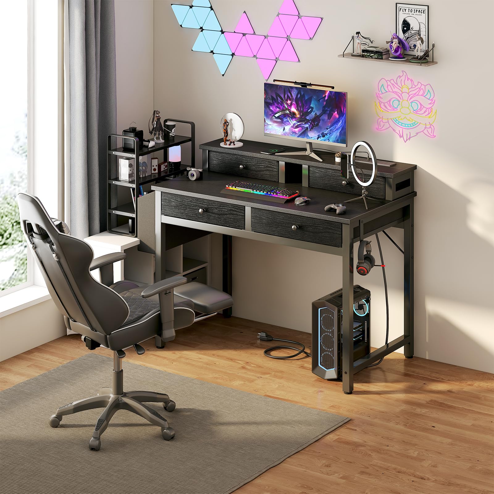 Small Desk with Drawers, Power Outlet & Monitor Stand, 31 Inch