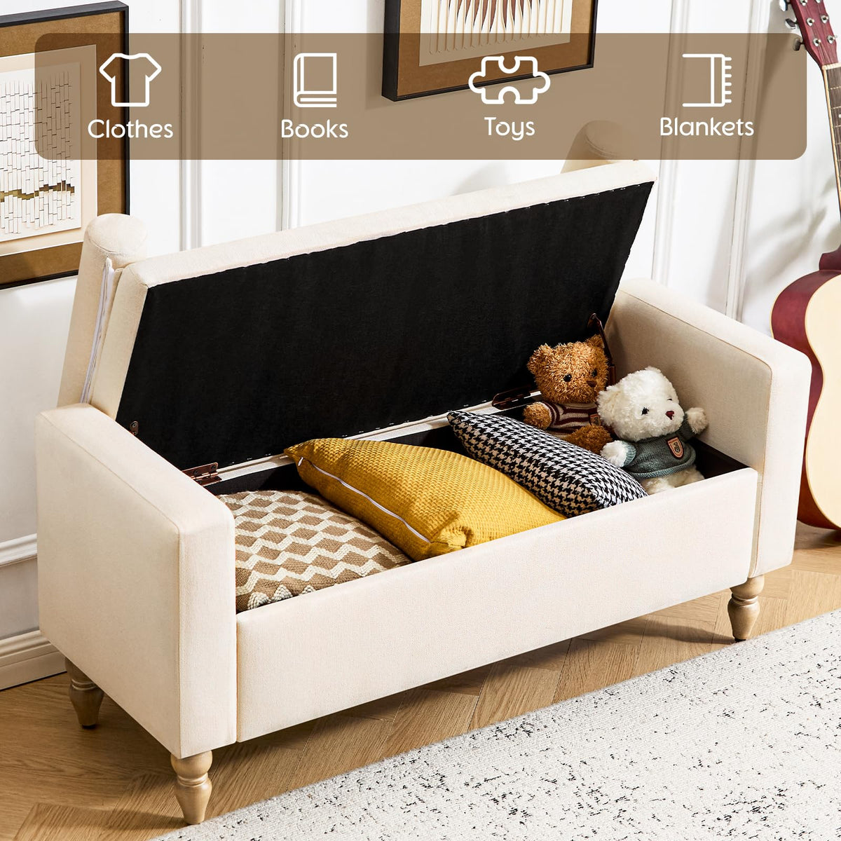 Storage Ottoman Bench, Upholstered End of Bed Bench Linen 45.7" Beige