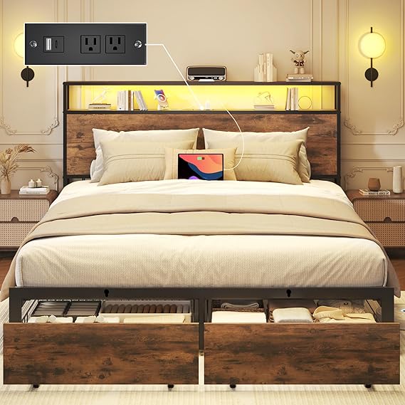 Storage Bed Frame with LED & Charging Station