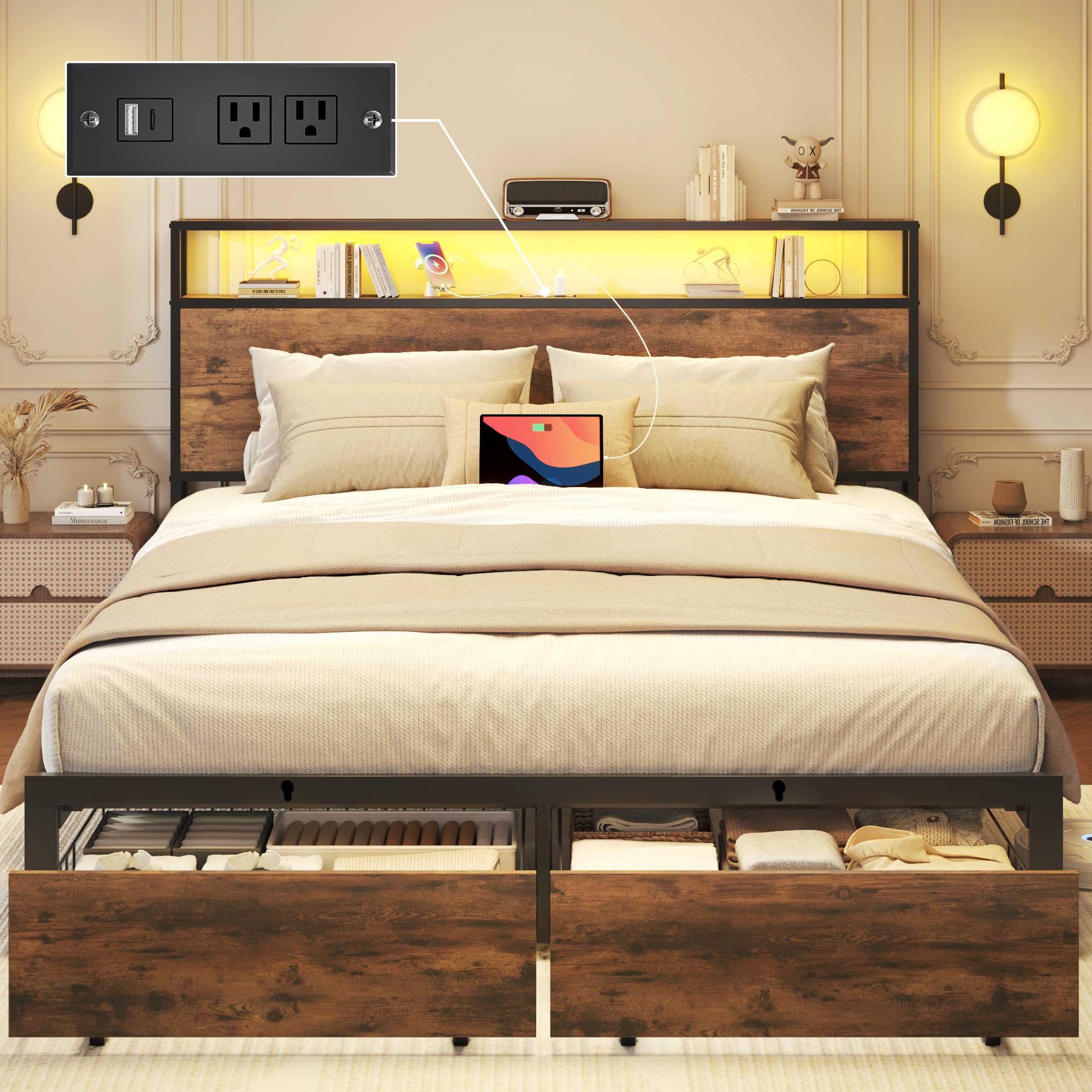Lifezone Queen Bed Frame with 2-Tier Storage Headboard, Metal Bed Frame with Storage Drawers & Built-in Charging Station & LED, Noise-Free, No Box Spring Needed, Easy Assembly, Rustic Brown