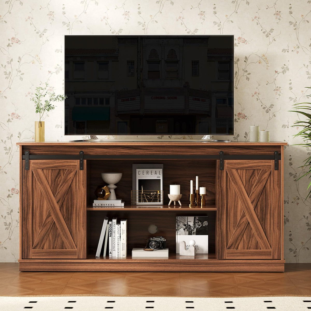 HAPPYMONT Farmhouse TV Stand for 65 Inch TV, Media Console, Espresso
