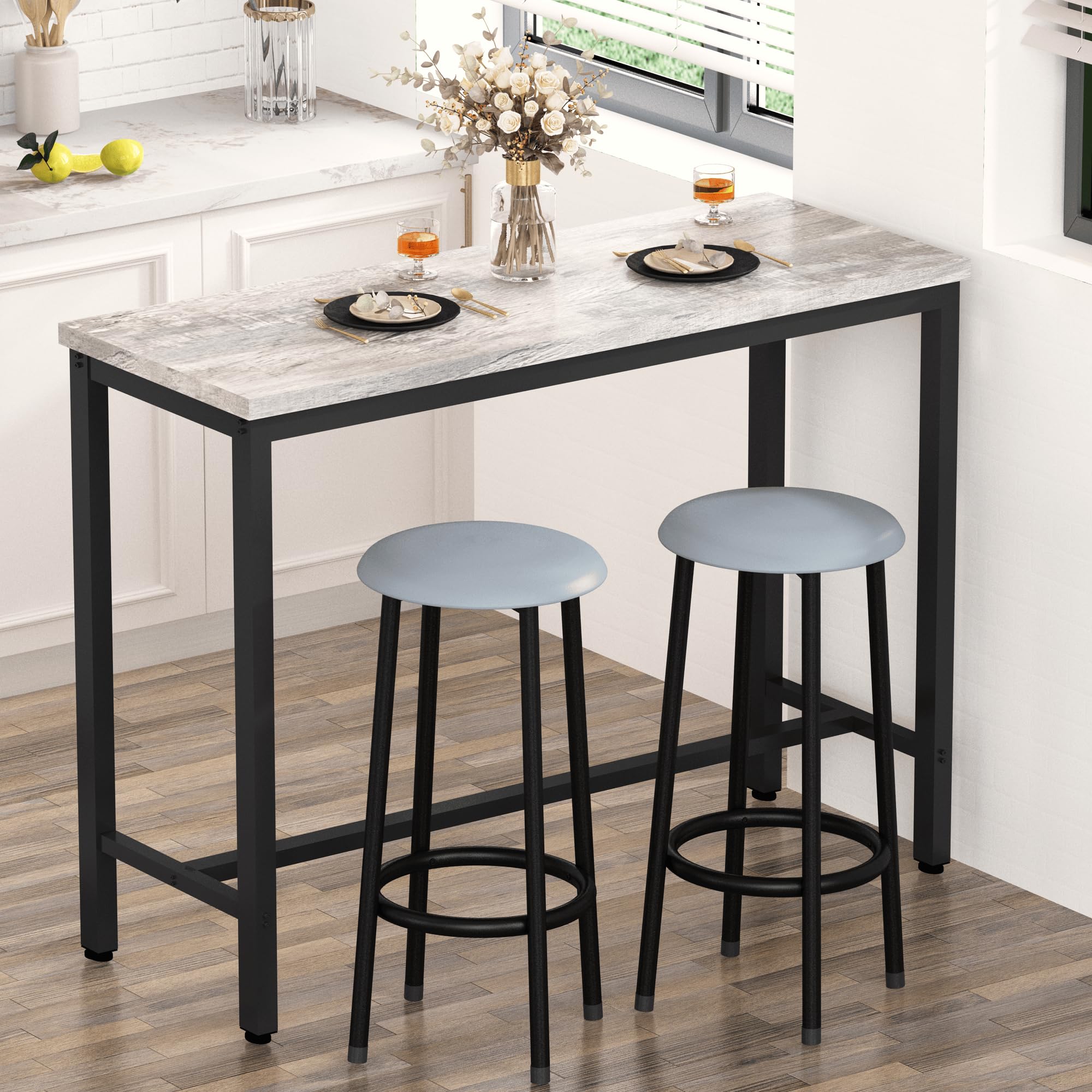 AWQM 39.3" Bar Table Set of 2,Faux Marble Pub Height Table and Chairs Set of 2 with Upholstered Stools,3 Piece Bar Table and Chairs Set Dining Table Set for Living Room,Kitchen,Bar,Grey