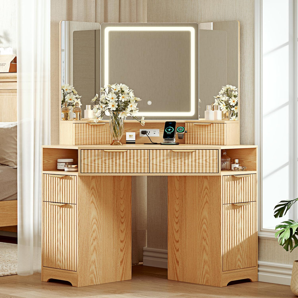 GRUTEUNIT Corner Makeup Vanity Desk with 3 Way Mirror and Lights,48" Large Vanity Table with 6 Drawers & Storage Cabinets, Charging Station, Fluted Dressing Table for Bedroom, Oak