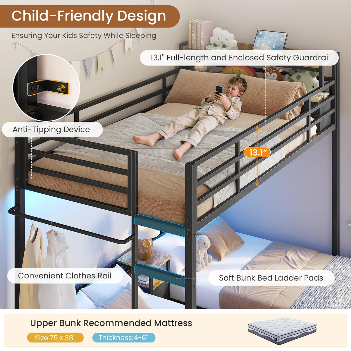 Triple Bunk Bed with Storage Drawers and Charging Station