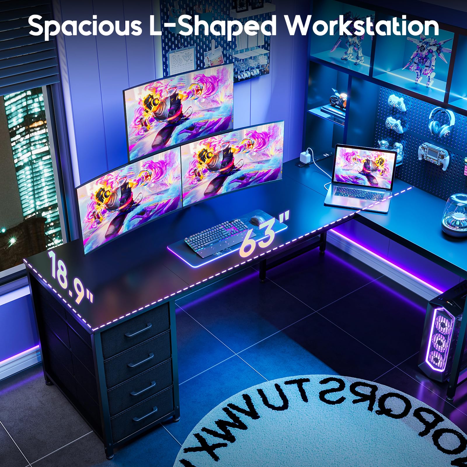 L-Shaped Gaming Desk with Hutch, Pegboard & LED Lights