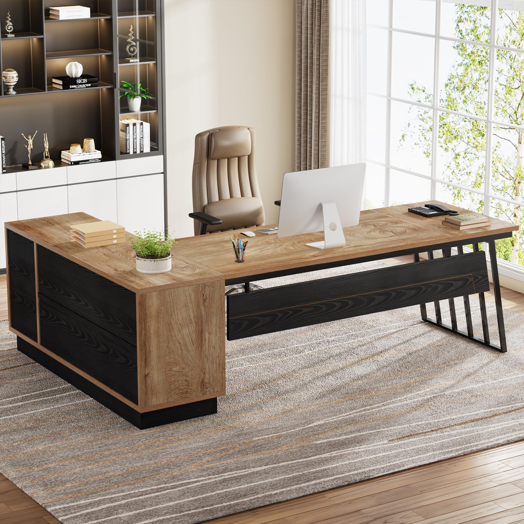 L-Shaped Executive Desk with Cabinet & Drawers
