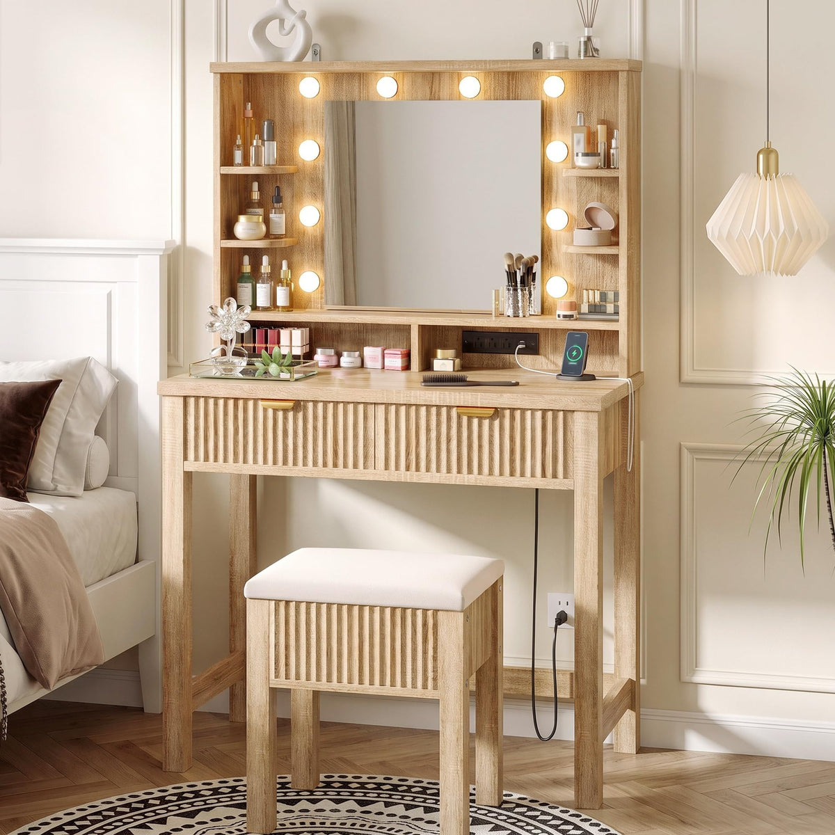 Lighted Vanity Desk with Storage Stool