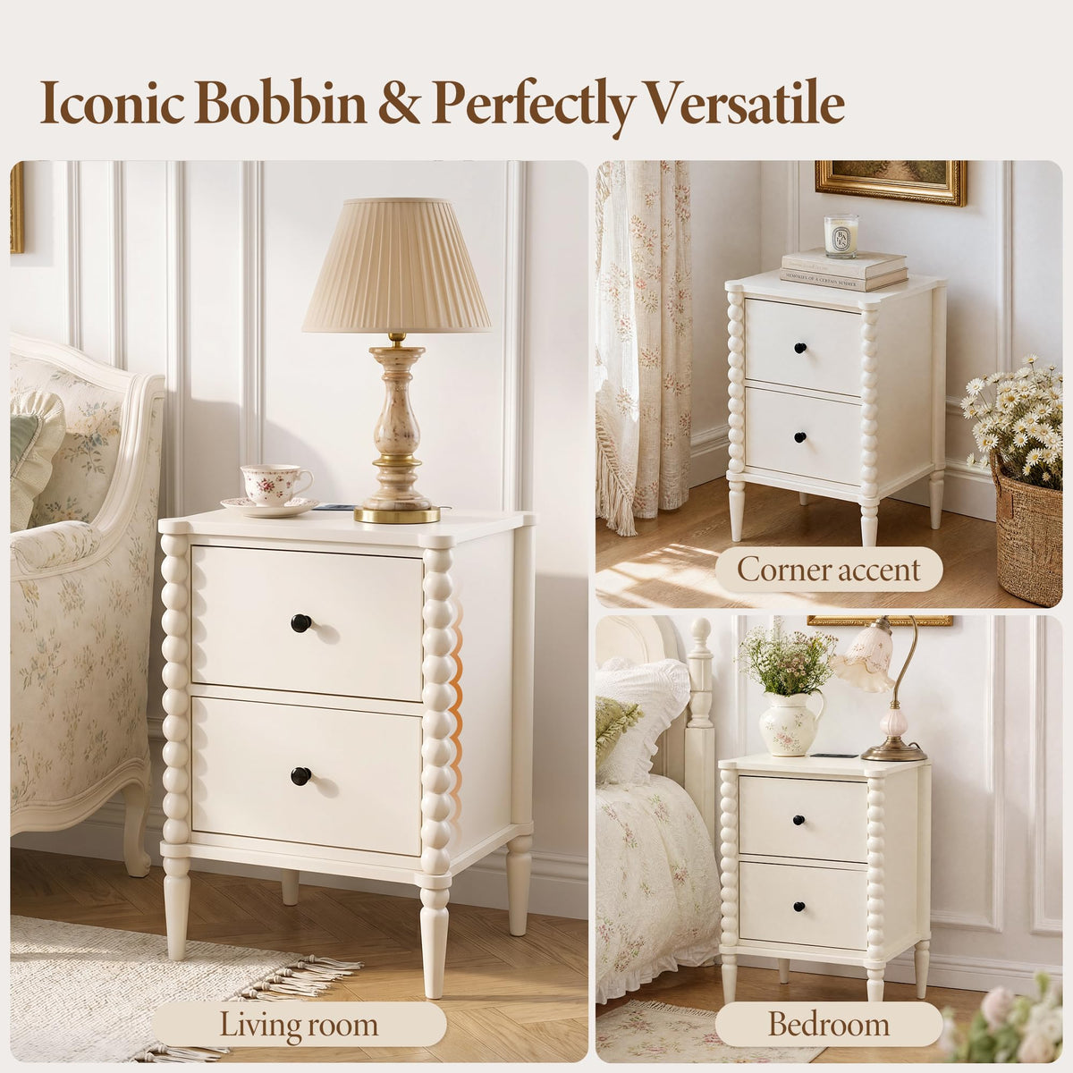 Afuly White Nightstand with Charging Station &Drawers Vintage Bedside Table