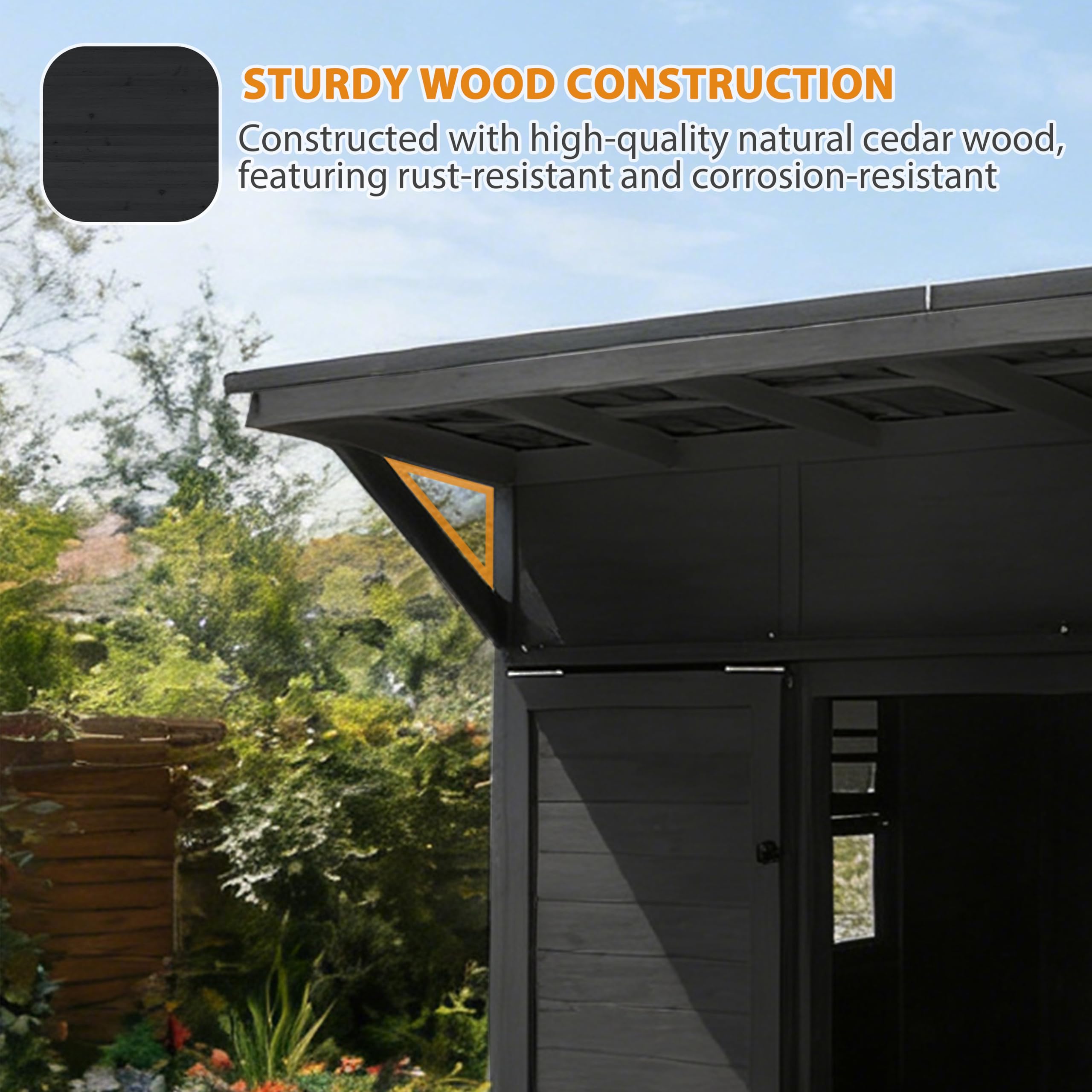 BlueWish 5 x 8 FT Outdoor Bar Shed with Sloped Metal Roof, Cedar Wood Storage Shed Farm Stand with Wall Mount TV Bracket, Lockable Door and Cabinet, Black