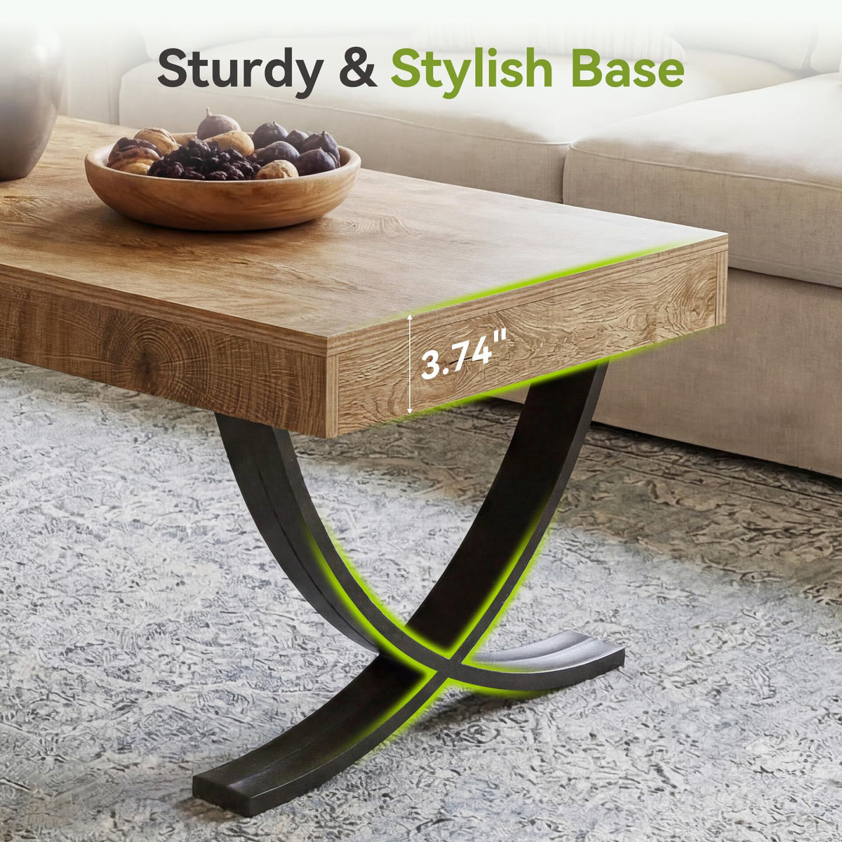 LITTLE TREE 47” Coffee Table, Rectangle Center Table for Living Room, Industrial Modern Living Room Table, Wood Coffee Table with Curved Cross Legs, Thickened Wood Grain Top, Rustic Brown & Black