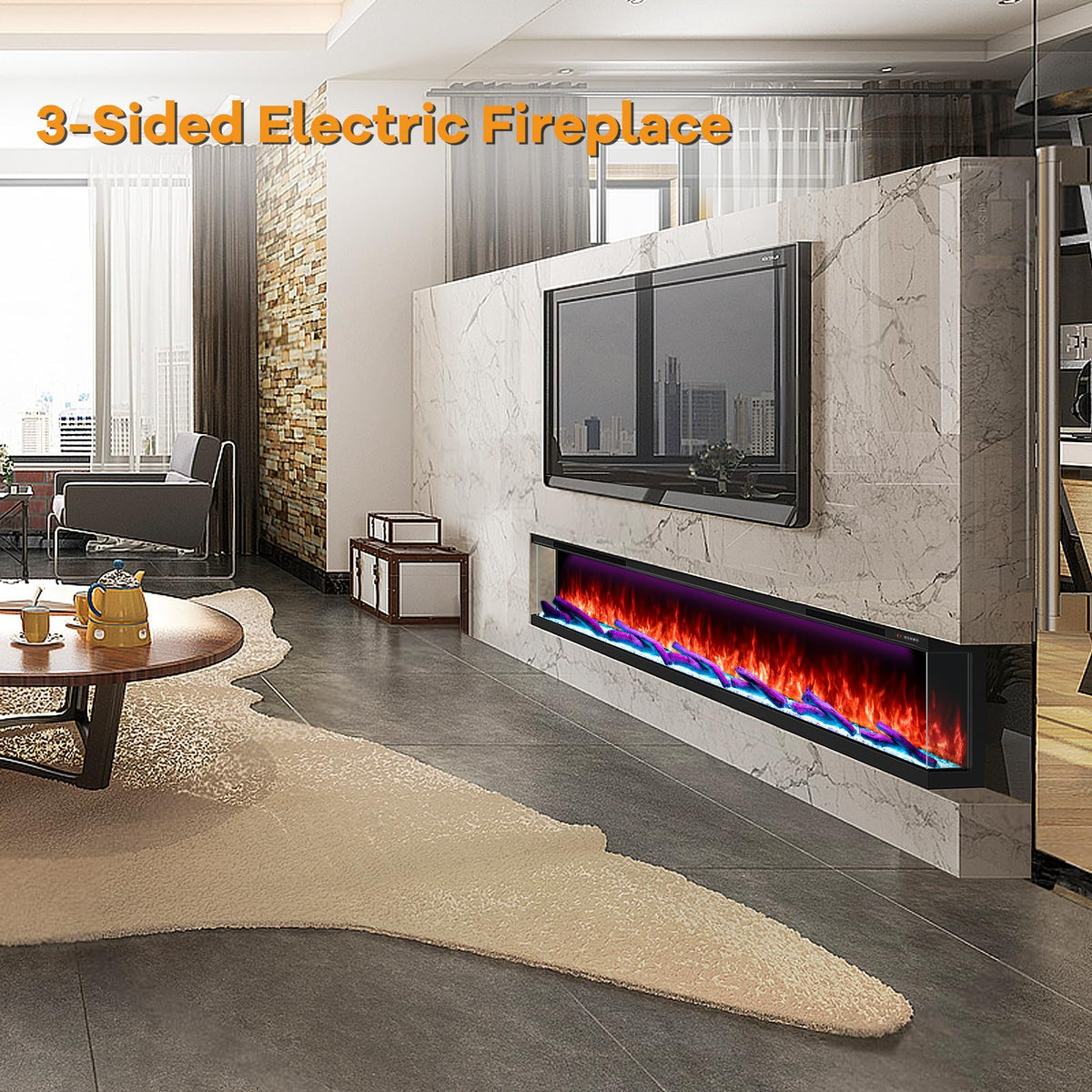 STRICWARM 100" 3-Sided Electric Fireplace Inserts WiFi Recessed Heaters