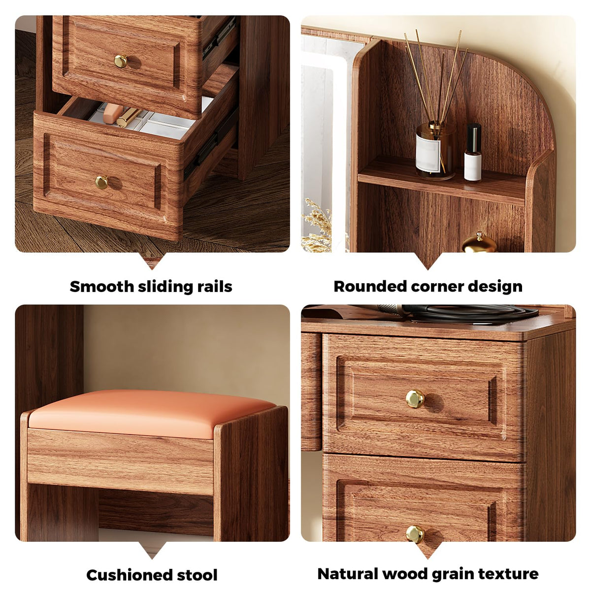 Arulvmrn 43” Wooden Makeup Vanity Set with Mirror and Lighted,Modern Vanity Desk with 9 Drawers,Storage Shelves, and Padded Seat, Dressing Table for Bedroom, Dorm, or Home Beauty Station,Brown