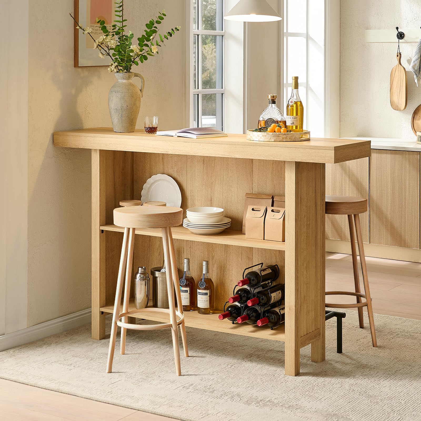 Okvnbjk 63-Inch 2-Tier Bar Table with Footrest, Coffee Bar Cabinet, Large Counter Height Pub Table Storage Shelf Home Bar Unit for Kitchen, Bistro, Dining Room, Living Room (Oak)