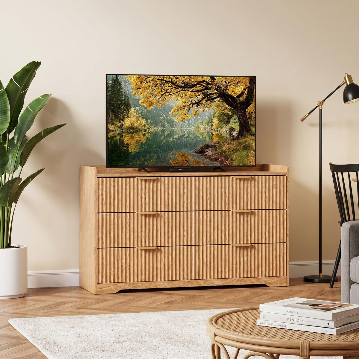 OURPIC Fluted Modern 6 Drawer Dresser for Bedroom, 47"W x 26"H, Natural Oak