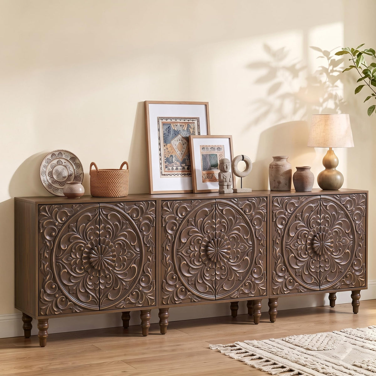 Carved Floral Accent Cabinet