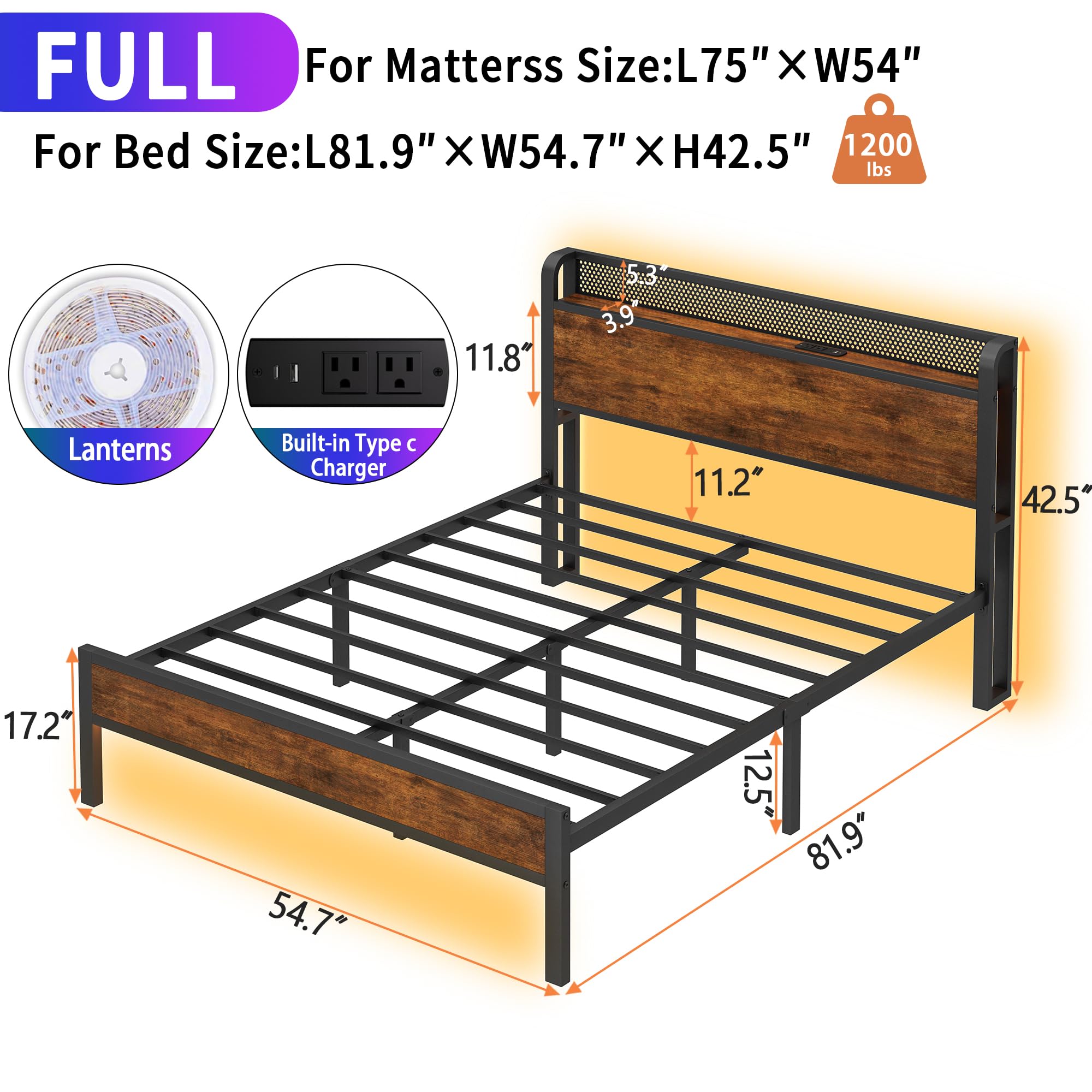 Nedenyou Full Bed Frame with Charging Station and LED Lights,Heavy Duty Platform Beds Full Size with Storage Headboard,USB Port,Rustic Wood and Strong Metal Support,No Box Spring Needed, Noise Free