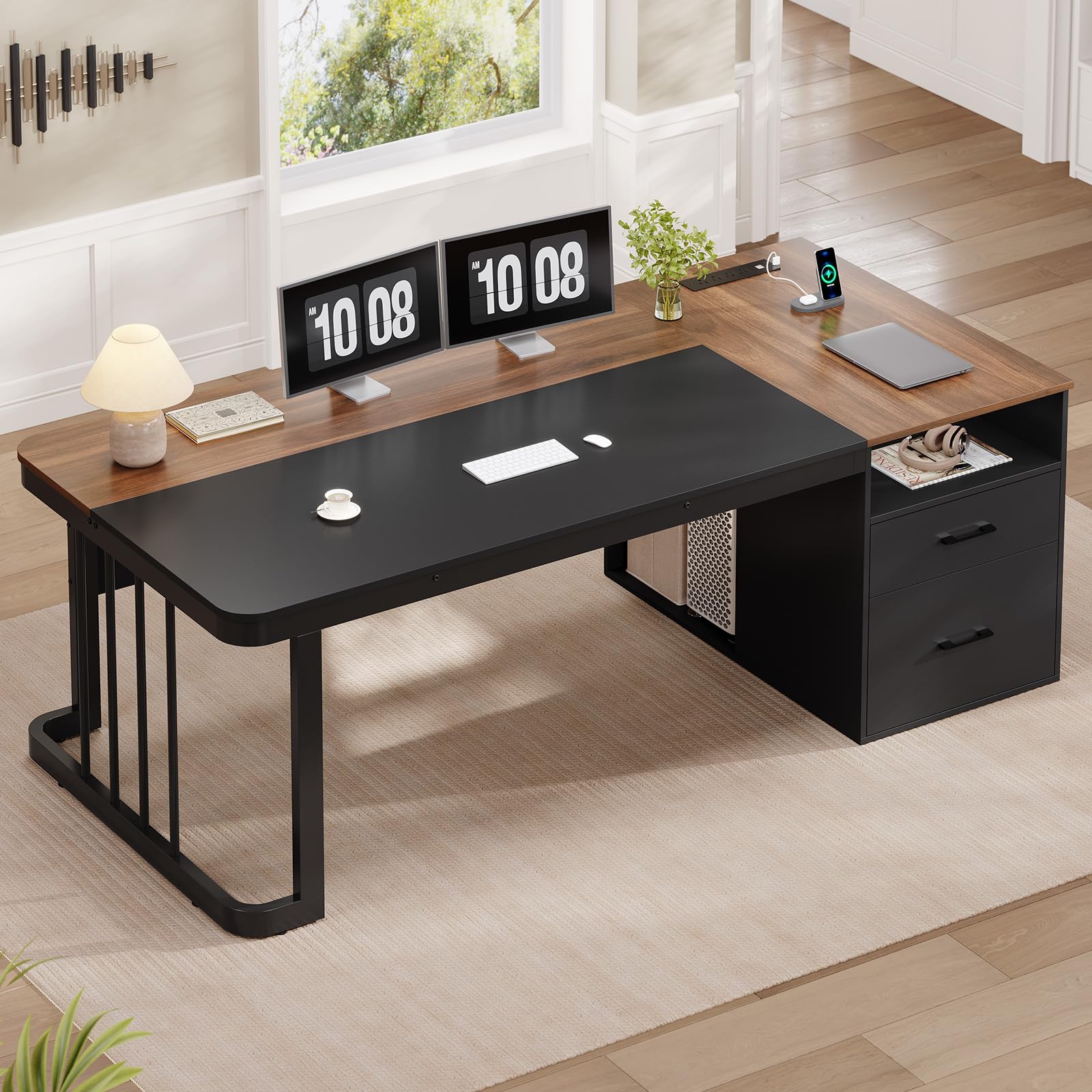 70.9" Executive Desk with Power Outlet, Drawers & File Cabinet