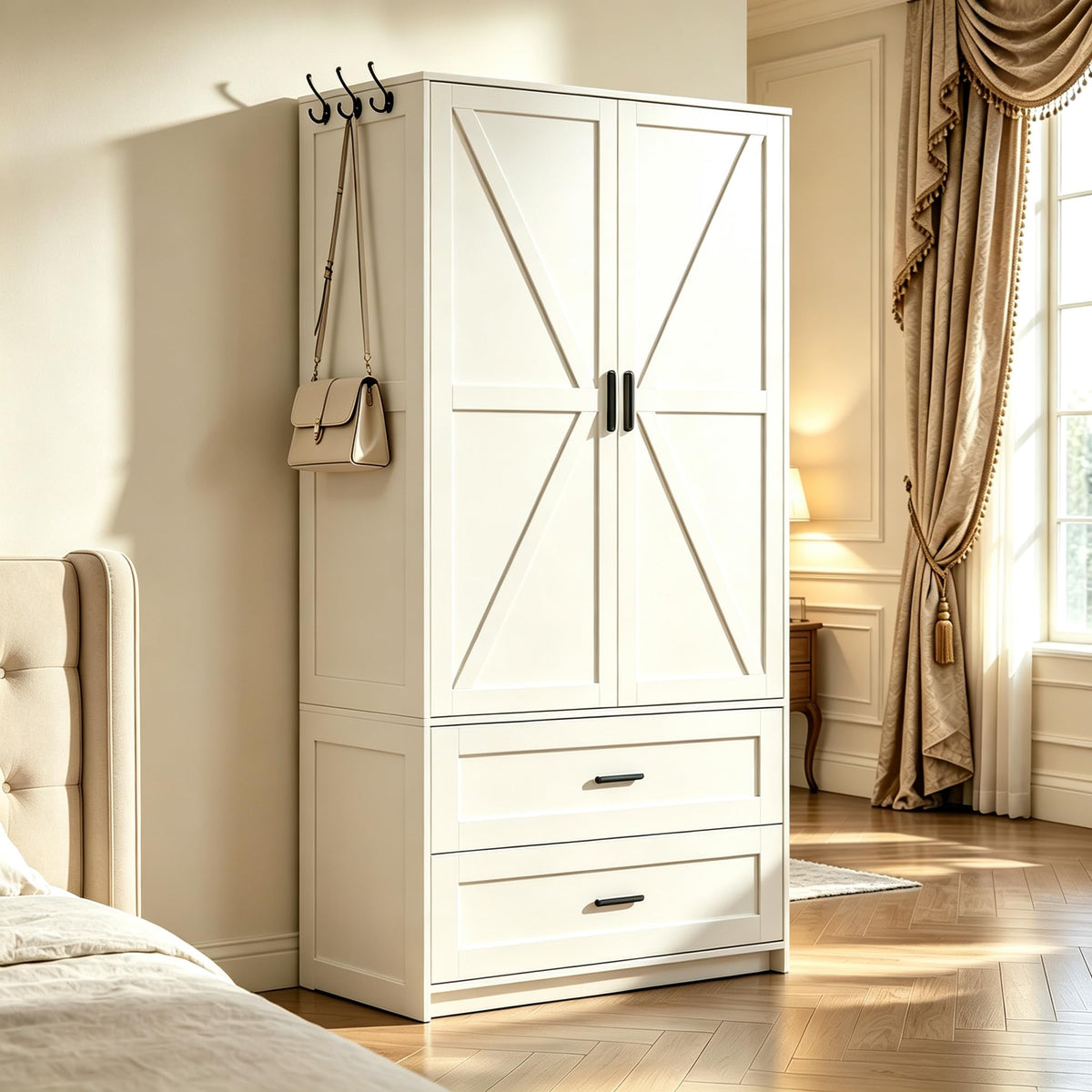 White Farmhouse Wardrobe with Mirror
