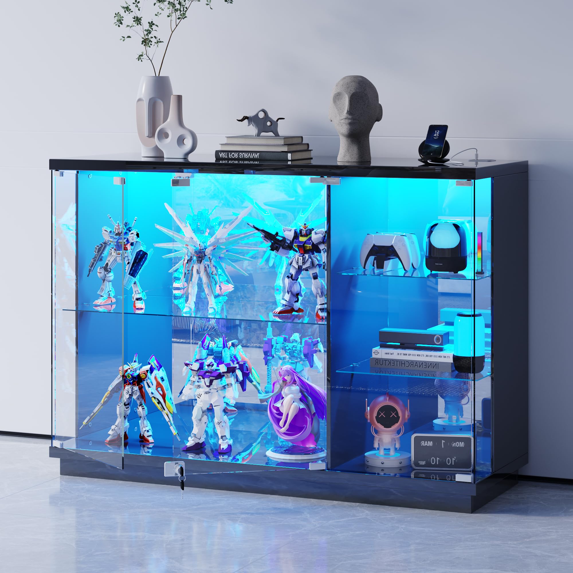 Glass Display Cabinet with LED Light & Lock