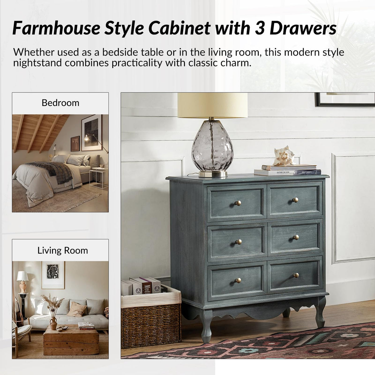 HULALA HOME 3-Drawer Nightstand with Charging Station, Set of 2 Blue