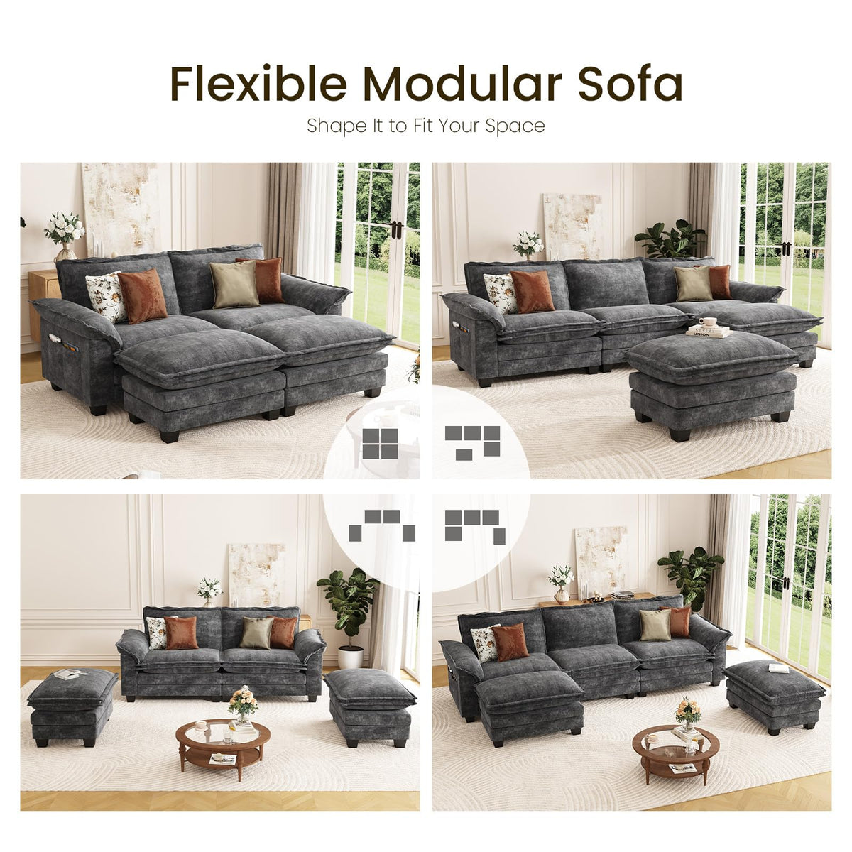 KKL Chenille Ottoman Foot Rest Set of 2, 34" Large Rectangular Pouf Ottoman