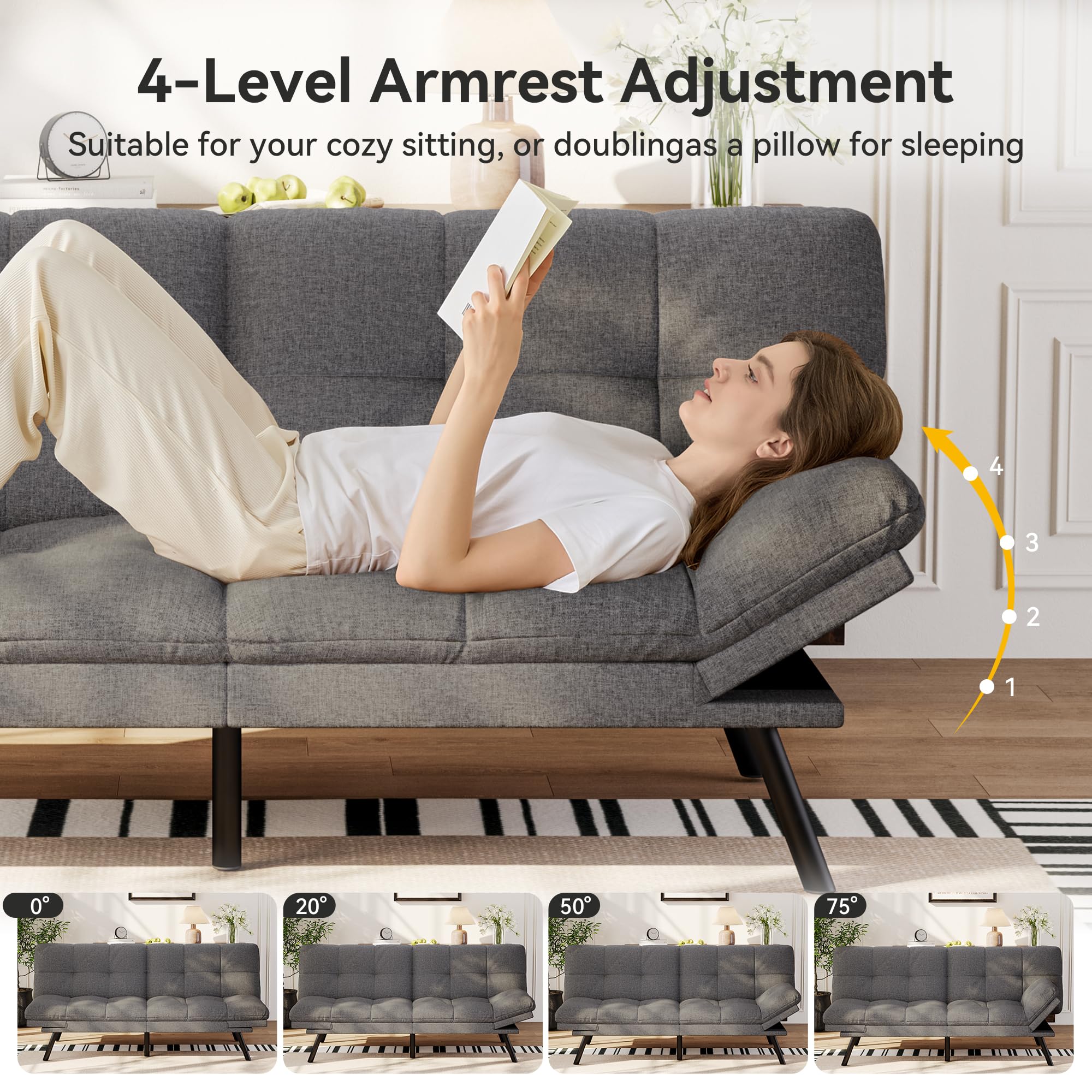 Convertible Futon Sofa Bed with Adjustable Backrest & Armrest