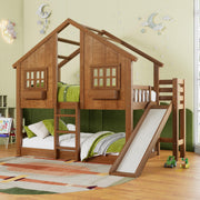 Jocisland Twin Over Twin Bunk Bed with Slide and Ladder, Solid Wood, Oak