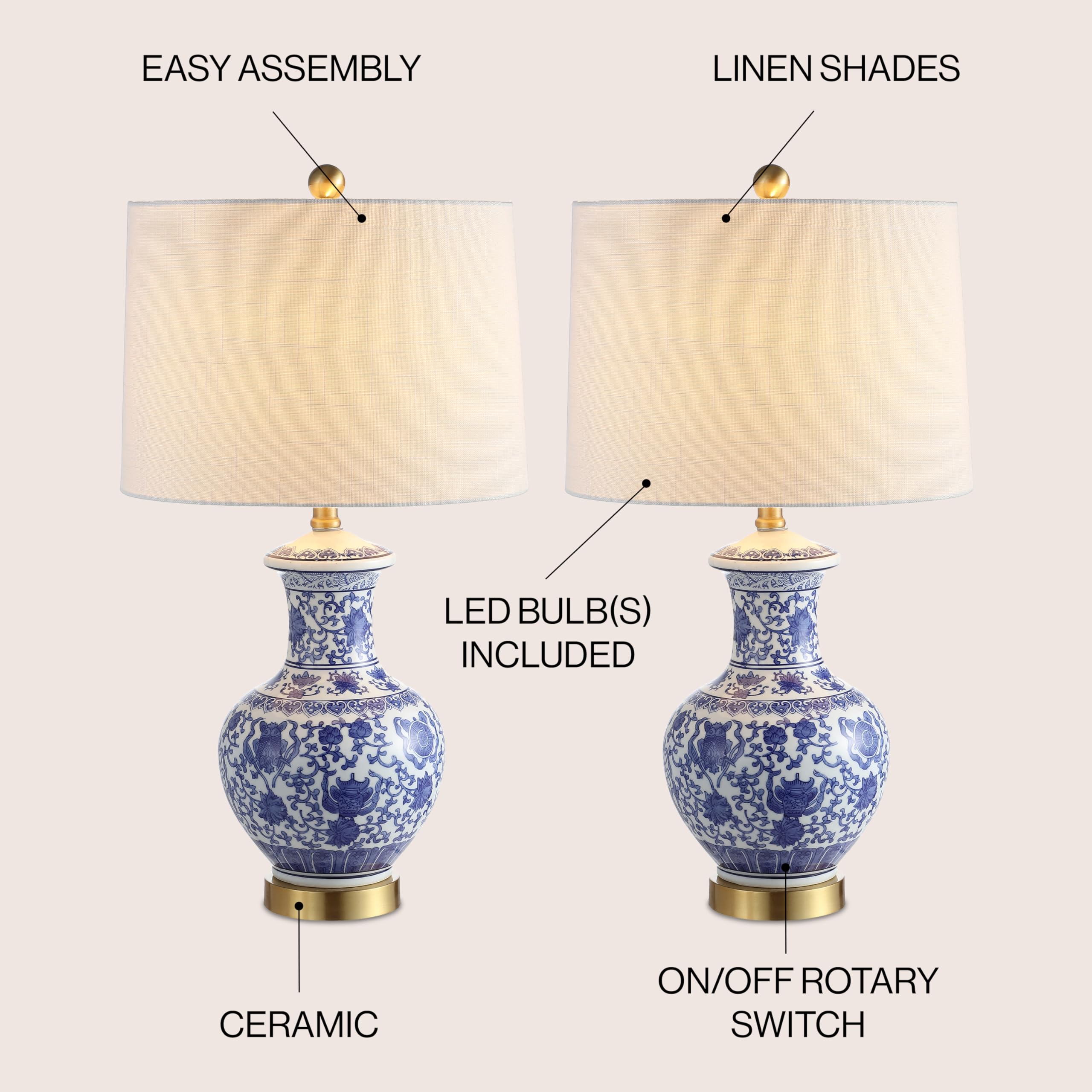JONATHAN Y 25.25" Blue/White Ceramic Ginger Jar Table Lamp Set of 2, Traditional Brass Gold Base for Living Room Bedroom, White Linen Drum Shade, LED Bulbs Included JYL1072A-SET2