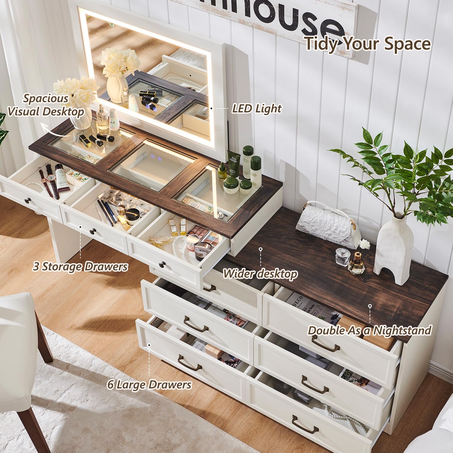 Aitjunz 69" W Big Vanity Desk with Glass Top, Farmhouse Makeup Table with 9 Large Storage Drawers, Rustic Wood Bedroom Dressing Table w/3 Color Available Light & 30" HD Led Mirror, Antique White