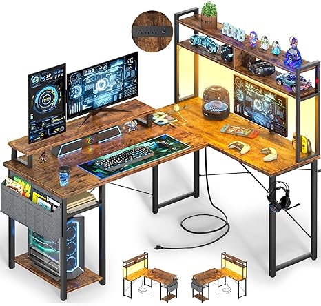 L-Shaped Desk with Power Outlets & Monitor Stand